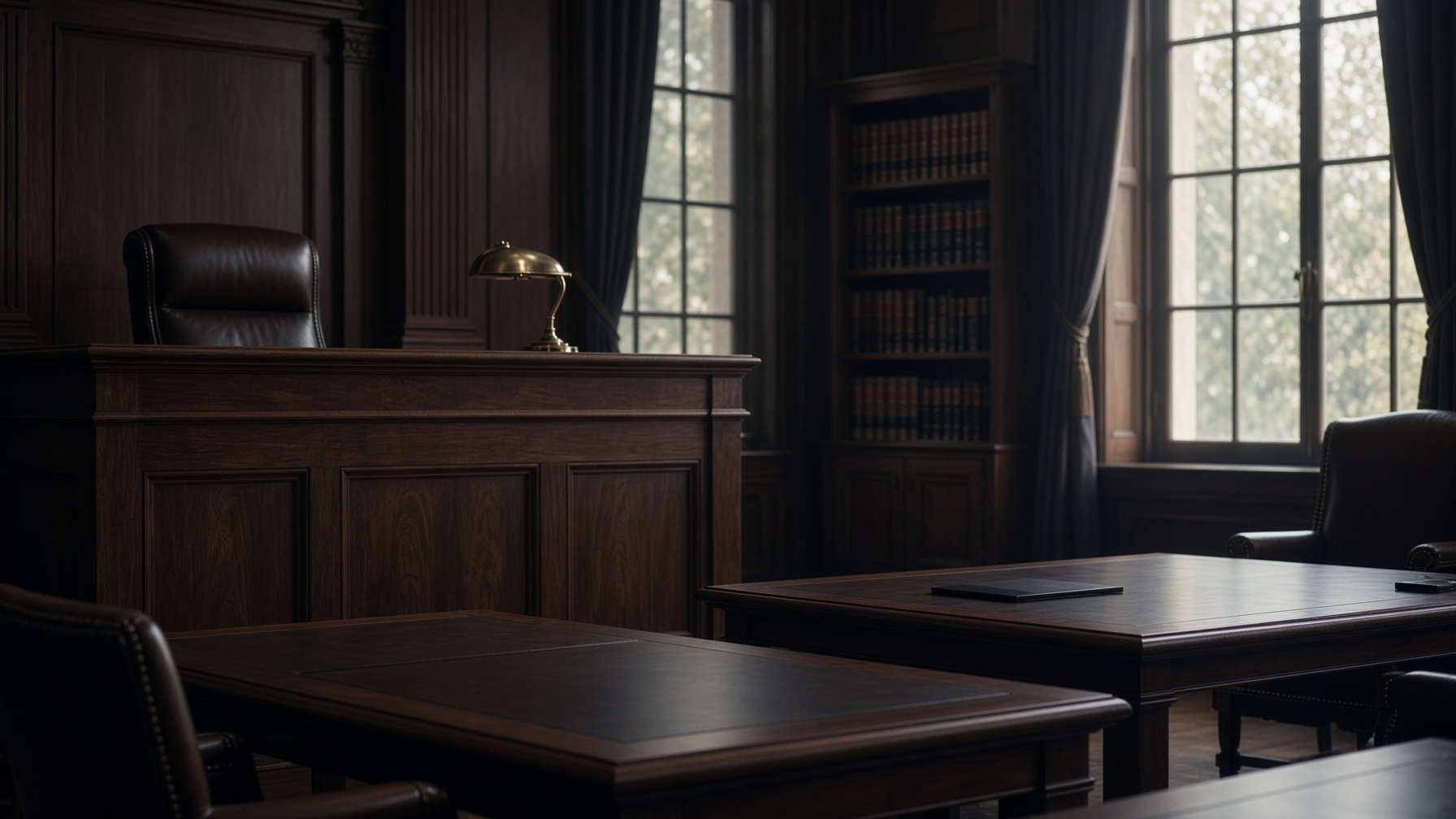 Empty courtroom with a walnut bench, counsel tables, and tall windows